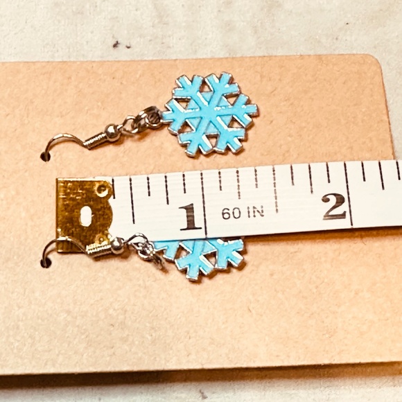Stainless Steel Earring Hooks Dangle Aqua Blue Silver Snowflake Enamel Handmade - Picture 6 of 7